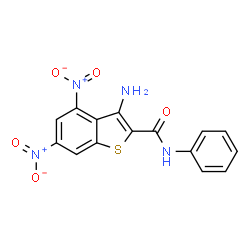 ChemSpider 2D Image | 3-Amino-4,6-dinitro-N-phenyl-1-benzothiophene-2-carboxamide | C15H10N4O5S