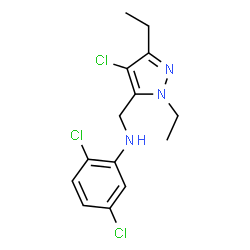 ChemSpider 2D Image | 2,5-Dichloro-N-[(4-chloro-1,3-diethyl-1H-pyrazol-5-yl)methyl]aniline | C14H16Cl3N3