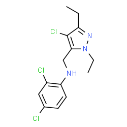 ChemSpider 2D Image | 2,4-Dichloro-N-[(4-chloro-1,3-diethyl-1H-pyrazol-5-yl)methyl]aniline | C14H16Cl3N3