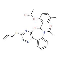 ChemSpider 2D Image | 2-[7-Acetyl-3-(allylsulfanyl)-6,7-dihydro[1,2,4]triazino[5,6-d][3,1]benzoxazepin-6-yl]-4-methylphenyl acetate | C24H22N4O4S