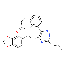 ChemSpider 2D Image | 1-[6-(1,3-Benzodioxol-5-yl)-3-(ethylsulfanyl)[1,2,4]triazino[5,6-d][3,1]benzoxazepin-7(6H)-yl]-1-propanone | C22H20N4O4S