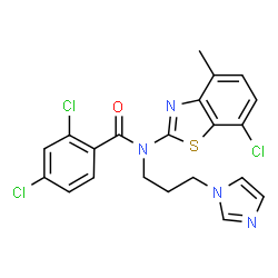 ChemSpider 2D Image | 2,4-Dichloro-N-(7-chloro-4-methyl-1,3-benzothiazol-2-yl)-N-[3-(1H-imidazol-1-yl)propyl]benzamide | C21H17Cl3N4OS