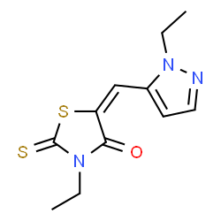 ChemSpider 2D Image | Thiazolidin-4-one, 3-ethyl-5-(2-ethyl-2H-pyrazol-3-ylmethylene)-2-thioxo- | C11H13N3OS2