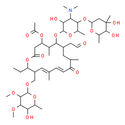 ChemSpider 2D Image | (11E,13E)-15-{[(6-Deoxy-2,3-di-O-methylhexopyranosyl)oxy]methyl}-6-{[3,6-dideoxy-4-O-(2,6-dideoxy-3-C-methylhexopyranosyl)-3-(dimethylamino)hexopyranosyl]oxy}-16-ethyl-5,9,13-trimethyl-2,10-dioxo-7-(2
-oxoethyl)oxacyclohexadeca-11,13-dien-4-yl acetate | C48H79NO18
