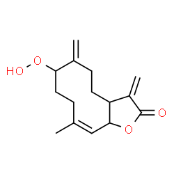 ChemSpider 2D Image | (10Z)-7-Hydroperoxy-10-methyl-3,6-bis(methylene)-3a,4,5,6,7,8,9,11a-octahydrocyclodeca[b]furan-2(3H)-one | C15H20O4