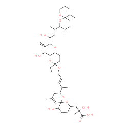 ChemSpider 2D Image | 3-{8-[(3E)-4-{6'-[3-(3,11-Dimethyl-1,7-dioxaspiro[5.5]undec-2-yl)-1-hydroxybutyl]-8'-hydroxy-7'-methyleneoctahydro-3H,3'H-spiro[furan-2,2'-pyrano[3,2-b]pyran]-5-yl}-3-buten-2-yl]-5-hydroxy-10-methyl-1
,7-dioxaspiro[5.5]undec-10-en-2-yl}-2-hydroxy-2-methylpropanoic acid | C45H70O13