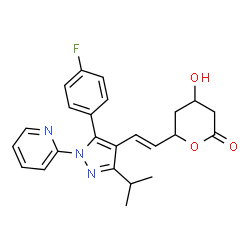 ChemSpider 2D Image | 6-{(E)-2-[5-(4-Fluorophenyl)-3-isopropyl-1-(2-pyridinyl)-1H-pyrazol-4-yl]vinyl}-4-hydroxytetrahydro-2H-pyran-2-one | C24H24FN3O3