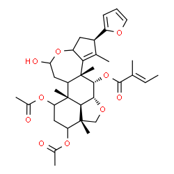 ChemSpider 2D Image | (2R,6bR,9aR,11aR,11bR,12S,12aR)-7,9-Diacetoxy-2-(2-furyl)-5-hydroxy-1,6b,9a,12a-tetramethyl-3,3a,6,6a,6b,7,8,9,9a,10,11a,11b,12,12a-tetradecahydro-2H,5H-cyclopenta[b]furo[2',3',4':4,5]naphtho[2,1-d]ox
epin-12-yl (2E)-2-methyl-2-butenoate | C35H46O10