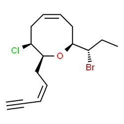 ChemSpider 2D Image | (2S,3S,5Z,8S)-8-[(1S)-1-Bromopropyl]-3-chloro-2-[(2Z)-2-penten-4-yn-1-yl]-3,4,7,8-tetrahydro-2H-oxocine | C15H20BrClO