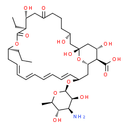 ChemSpider 2D Image | (1R,3S,9R,10S,13S,23R,25S,26R,27S)-23-[(3-Amino-3,6-dideoxy-beta-D-mannopyranosyl)oxy]-10-ethyl-1,3,9,27-tetrahydroxy-7,11-dioxo-13-propyl-12,29-dioxabicyclo[23.3.1]nonacosa-15,17,19,21-tetraene-26-ca
rboxylic acid | C39H61NO14