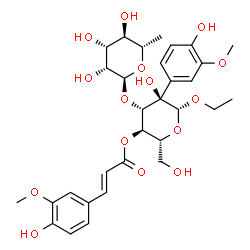 ChemSpider 2D Image | Ethyl 3-O-(6-deoxy-alpha-L-mannopyranosyl)-2-C-(4-hydroxy-3-methoxyphenyl)-4-O-[(2E)-3-(4-hydroxy-3-methoxyphenyl)-2-propenoyl]-beta-D-glucopyranoside | C31H40O15