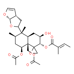 ChemSpider 2D Image | (2S,3R,4aR,5S,6R,8S,8aR)-8-Acetoxy-8a-(acetoxymethyl)-3-hydroxy-5,6-dimethyl-5-[(3aS,6aS)-2,3,3a,6a-tetrahydrofuro[2,3-b]furan-2-yl]octahydro-2H-spiro[naphthalene-1,2'-oxiran]-2-yl (2E)-2-methyl-2-but
enoate | C29H40O10