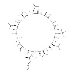 ChemSpider 2D Image | (3S,6S,9R,12R,15S,18S,21S,24S,30S)-30-Ethyl-33-[(1R,2R,4E)-1-hydroxy-2-methyl-4-hexen-1-yl]-9-(2-hydroxy-2-methylpropyl)-6,18,24-triisobutyl-3,21-diisopropyl-1,4,7,10,12,15,19,25,28-nonamethyl-1,4,7,1
0,13,16,19,22,25,28,31-undecaazacyclotritriacontane-2,5,8,11,14,17,20,23,26,29,32-undecone | C62H111N11O13