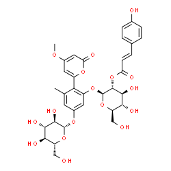 ChemSpider 2D Image | 5-(beta-D-Glucopyranosyloxy)-2-(4-methoxy-2-oxo-2H-pyran-6-yl)-3-methylphenyl 2-O-[(2E)-3-(4-hydroxyphenyl)-2-propenoyl]-beta-D-glucopyranoside | C34H38O17