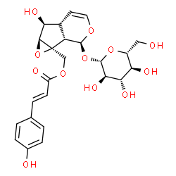 ChemSpider 2D Image | [(1aS,1bS,2S,5aR,6S,6aS)-2-(beta-D-Glucopyranosyloxy)-6-hydroxy-1b,5a,6,6a-tetrahydrooxireno[4,5]cyclopenta[1,2-c]pyran-1a(2H)-yl]methyl (2E)-3-(4-hydroxyphenyl)acrylate | C24H28O12