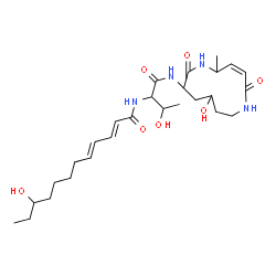 ChemSpider 2D Image | (2E,4E)-10-Hydroxy-N-(3-hydroxy-1-{[(3Z)-10-hydroxy-5-methyl-2,7-dioxo-1,6-diazacyclododec-3-en-8-yl]amino}-1-oxo-2-butanyl)-2,4-dodecadienamide | C27H44N4O7