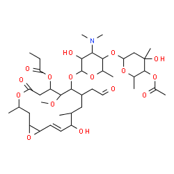 ChemSpider 2D Image | (14E)-9-({5-[(5-Acetoxy-4-hydroxy-4,6-dimethyltetrahydro-2H-pyran-2-yl)oxy]-4-(dimethylamino)-3-hydroxy-6-methyltetrahydro-2H-pyran-2-yl}oxy)-13-hydroxy-8-methoxy-3,12-dimethyl-5-oxo-10-(2-oxoethyl)-4
,17-dioxabicyclo[14.1.0]heptadec-14-en-7-yl propanoate | C40H65NO16