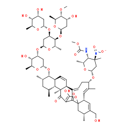 ChemSpider 2D Image | (3R,6S,7E,9S,11Z,13S,16S,17S,18S,20S,21R,22S)-25-Hydroxy-4-(hydroxymethyl)-3,8,12,18,20,22-hexamethyl-23,27-dioxo-9-({2,3,4,6-tetradeoxy-4-[(methoxycarbonyl)amino]-3-methyl-3-nitro-beta-D-xylo-hexopyr
anosyl}oxy)-26-oxapentacyclo[22.2.1.0~1,6~.0~13,22~.0~16,21~]heptacosa-4,7,11,14,24-pentaen-17-yl 2,6-dideoxy-alpha-L-ribo-hexopyranosyl-(1->3)-[2,6-dideoxy-4-O-methyl-beta-L-ribo-hexopyranosyl-(1->4)
]-2,6-dideoxy-alpha-L-ribo-hexopyranosyl-(1- | C67H100N2O24
