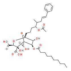 ChemSpider 2D Image | (1R,3S,4S,5S,6R,7R)-1-[(7E)-4-Acetoxy-5-methyl-8-phenyl-7-octen-1-yl]-6-(decanoyloxy)-4,7-dihydroxy-2,8-dioxabicyclo[3.2.1]octane-3,4,5-tricarboxylic acid | C36H50O14