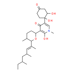 ChemSpider 2D Image | 5-(1,2-Dihydroxy-4-oxocyclohexyl)-3-{6-[(2E)-4,6-dimethyl-2-octen-2-yl]-5-methyltetrahydro-2H-pyran-2-yl}-2-hydroxy-1-methyl-4(1H)-pyridinone | C28H43NO6