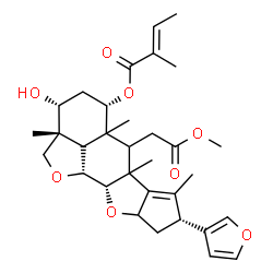 ChemSpider 2D Image | (2aR,3R,5S,8R,10aS,10bR)-8-(3-Furyl)-3-hydroxy-6-(2-methoxy-2-oxoethyl)-2a,5a,6a,7-tetramethyl-2a,4,5,5a,6,6a,8,9,9a,10a,10b,10c-dodecahydro-2H,3H-cyclopenta[b]furo[2',3',4':4,5]naphtho[2,3-d]furan-5-
yl (2E)-2-methyl-2-butenoate | C32H42O8