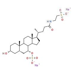 ChemSpider 2D Image | Disodium 2-{[(3alpha,5beta,7alpha,8xi,9xi,14xi)-3-hydroxy-24-oxo-7-(sulfonatooxy)cholan-24-yl]amino}ethanesulfonate | C26H43NNa2O9S2