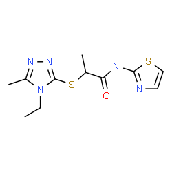 ChemSpider 2D Image | 2-[(4-Ethyl-5-methyl-4H-1,2,4-triazol-3-yl)sulfanyl]-N-(1,3-thiazol-2-yl)propanamide | C11H15N5OS2