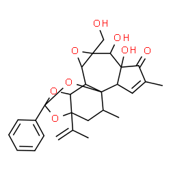 ChemSpider 2D Image | 6,7-Dihydroxy-8-(hydroxymethyl)-16-isopropenyl-4,18-dimethyl-14-phenyl-9,13,15,19-tetraoxahexacyclo[12.4.1.0~1,11~.0~2,6~.0~8,10~.0~12,16~]nonadec-3-en-5-one | C27H30O8
