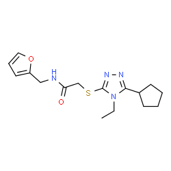 ChemSpider 2D Image | 2-[(5-Cyclopentyl-4-ethyl-4H-1,2,4-triazol-3-yl)sulfanyl]-N-(2-furylmethyl)acetamide | C16H22N4O2S