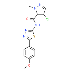 ChemSpider 2D Image | 4-Chloro-N-[5-(4-methoxyphenyl)-1,3,4-thiadiazol-2-yl]-1-methyl-1H-pyrazole-5-carboxamide | C14H12ClN5O2S