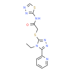 ChemSpider 2D Image | 2-{[4-Ethyl-5-(2-pyridinyl)-4H-1,2,4-triazol-3-yl]sulfanyl}-N-(1,3,4-thiadiazol-2-yl)acetamide | C13H13N7OS2