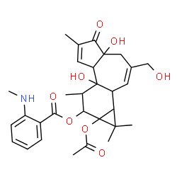 ChemSpider 2D Image | 9a-Acetoxy-4a,7b-dihydroxy-3-(hydroxymethyl)-1,1,6,8-tetramethyl-5-oxo-1a,1b,4,4a,5,7a,7b,8,9,9a-decahydro-1H-cyclopropa[3,4]benzo[1,2-e]azulen-9-yl 2-(methylamino)benzoate | C30H37NO8