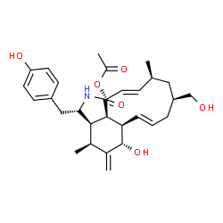 ChemSpider 2D Image | (3S,3aR,4S,6S,6aR,7E,10S,12S,13E,15R,15aR)-6-Hydroxy-3-(4-hydroxybenzyl)-10-(hydroxymethyl)-4,12-dimethyl-5-methylene-1-oxo-2,3,3a,4,5,6,6a,9,10,11,12,15-dodecahydro-1H-cycloundeca[d]isoindol-15-yl ac
etate | C30H39NO6