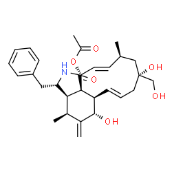 ChemSpider 2D Image | (3S,3aR,4S,6S,6aR,7E,10R,12S,13E,15R,15aR)-3-Benzyl-6,10-dihydroxy-10-(hydroxymethyl)-4,12-dimethyl-5-methylene-1-oxo-2,3,3a,4,5,6,6a,9,10,11,12,15-dodecahydro-1H-cycloundeca[d]isoindol-15-yl acetate | C30H39NO6