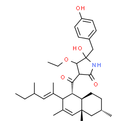 ChemSpider 2D Image | 4-Ethoxy-5-hydroxy-5-(4-hydroxybenzyl)-3-({(1R,4aS,6S,8aR)-3,4a,6-trimethyl-2-[(2E)-4-methyl-2-hexen-2-yl]-1,2,4a,5,6,7,8,8a-octahydro-1-naphthalenyl}carbonyl)-2-pyrrolidinone | C34H49NO5