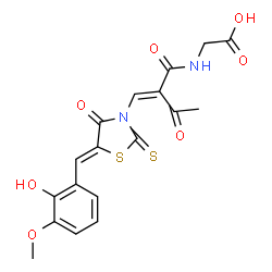 ChemSpider 2D Image | N-[(2E)-2-{[(5Z)-5-(2-Hydroxy-3-methoxybenzylidene)-4-oxo-2-thioxo-1,3-thiazolidin-3-yl]methylene}-3-oxobutanoyl]glycine | C18H16N2O7S2