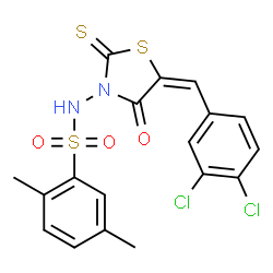 ChemSpider 2D Image | N-[(5E)-5-(3,4-Dichlorobenzylidene)-4-oxo-2-thioxo-1,3-thiazolidin-3-yl]-2,5-dimethylbenzenesulfonamide | C18H14Cl2N2O3S3
