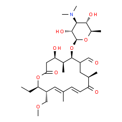 ChemSpider 2D Image | (4R,5S,6R,9R,11E,13E,15R,16R)-16-Ethyl-7-formyl-4-hydroxy-15-(methoxymethyl)-5,9,13-trimethyl-2,10-dioxooxacyclohexadeca-11,13-dien-6-yl 3,6-dideoxy-3-(dimethylamino)-beta-D-glucopyranoside | C31H51NO10