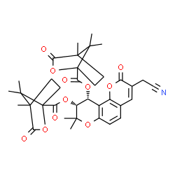 ChemSpider 2D Image | (9R,10R)-3-(Cyanomethyl)-8,8-dimethyl-2-oxo-9,10-dihydro-2H,8H-pyrano[2,3-f]chromene-9,10-diyl bis(4,7,7-trimethyl-3-oxo-2-oxabicyclo[2.2.1]heptane-1-carboxylate) | C36H39NO11