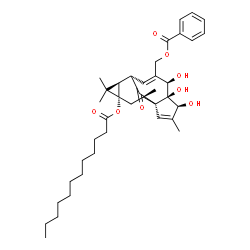 ChemSpider 2D Image | [(1S,4S,5R,6R,9S,10R,12S,14R)-12-(Dodecanoyloxy)-4,5,6-trihydroxy-3,11,11,14-tetramethyl-15-oxotetracyclo[7.5.1.0~1,5~.0~10,12~]pentadeca-2,7-dien-7-yl]methyl benzoate | C39H54O8