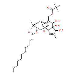 ChemSpider 2D Image | (1S,4S,5R,6R,9S,10R,12S,14R)-7-{[(2,2-Dimethylpropanoyl)oxy]methyl}-4,5,6-trihydroxy-3,11,11,14-tetramethyl-15-oxotetracyclo[7.5.1.0~1,5~.0~10,12~]pentadeca-2,7-dien-12-yl laurate | C37H58O8