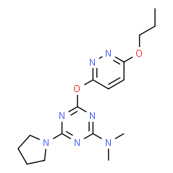 ChemSpider 2D Image | N,N-Dimethyl-4-[(6-propoxy-3-pyridazinyl)oxy]-6-(1-pyrrolidinyl)-1,3,5-triazin-2-amine | C16H23N7O2