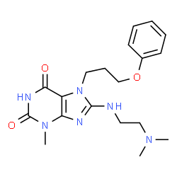 ChemSpider 2D Image | 8-{[2-(Dimethylamino)ethyl]amino}-3-methyl-7-(3-phenoxypropyl)-3,7-dihydro-1H-purine-2,6-dione | C19H26N6O3