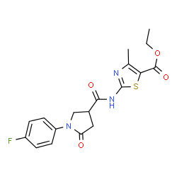 ChemSpider 2D Image | Ethyl 2-({[1-(4-fluorophenyl)-5-oxo-3-pyrrolidinyl]carbonyl}amino)-4-methyl-1,3-thiazole-5-carboxylate | C18H18FN3O4S