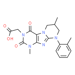 ChemSpider 2D Image | [1,7-Dimethyl-9-(2-methylphenyl)-2,4-dioxo-1,4,6,7,8,9-hexahydropyrimido[2,1-f]purin-3(2H)-yl]acetic acid | C19H21N5O4