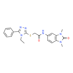 ChemSpider 2D Image | N-(1,3-Dimethyl-2-oxo-2,3-dihydro-1H-benzimidazol-5-yl)-2-[(4-ethyl-5-phenyl-4H-1,2,4-triazol-3-yl)sulfanyl]acetamide | C21H22N6O2S