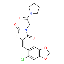 ChemSpider 2D Image | (5E)-5-[(6-Chloro-1,3-benzodioxol-5-yl)methylene]-3-[2-oxo-2-(1-pyrrolidinyl)ethyl]-1,3-thiazolidine-2,4-dione | C17H15ClN2O5S