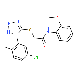 ChemSpider 2D Image | 2-{[1-(5-Chloro-2-methylphenyl)-1H-tetrazol-5-yl]sulfanyl}-N-(2-methoxyphenyl)acetamide | C17H16ClN5O2S