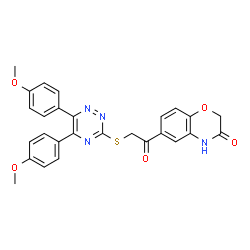 ChemSpider 2D Image | 6-({[5,6-Bis(4-methoxyphenyl)-1,2,4-triazin-3-yl]sulfanyl}acetyl)-2H-1,4-benzoxazin-3(4H)-one | C27H22N4O5S