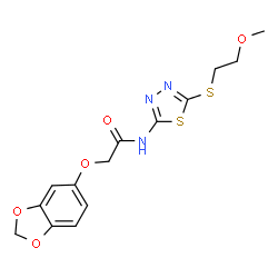 ChemSpider 2D Image | 2-(1,3-Benzodioxol-5-yloxy)-N-{5-[(2-methoxyethyl)sulfanyl]-1,3,4-thiadiazol-2-yl}acetamide | C14H15N3O5S2